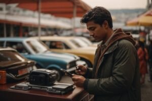 Agensia de vehiculos y una persona chekea su dispositivo mientras busca en un DIRECTORIO comercial comunidad automotriz.