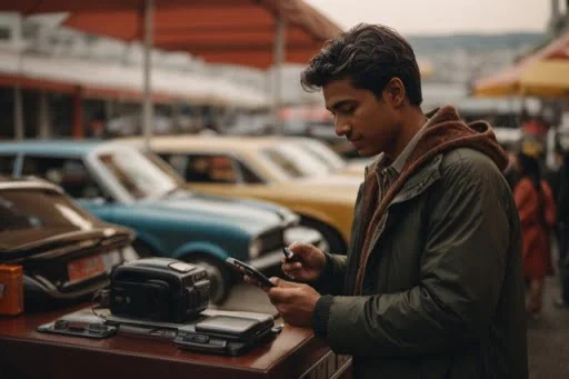 Agensia de vehiculos y una persona chekea su dispositivo mientras busca en un DIRECTORIO comercial comunidad automotriz.