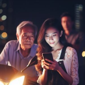 Una abuelo y su nieta buscan comprar la primer moto para ella en un market place en su telefono celular