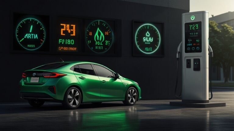 Imagen de un automovil hibrido y la representación de mulñtiples opciones de combustible - factores al elegir un automovil hibrido -