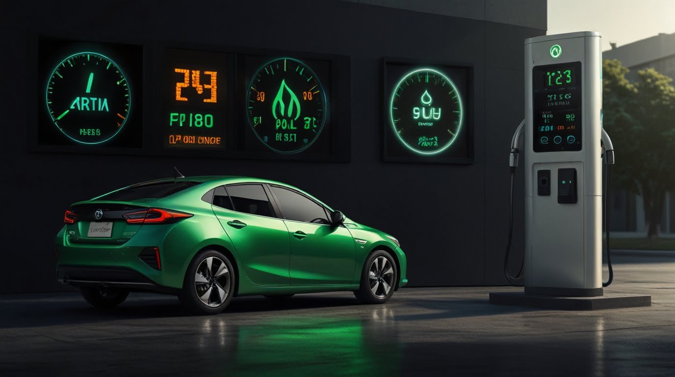 Imagen de un automovil hibrido y la representación de mulñtiples opciones de combustible - factores al elegir un automovil hibrido -