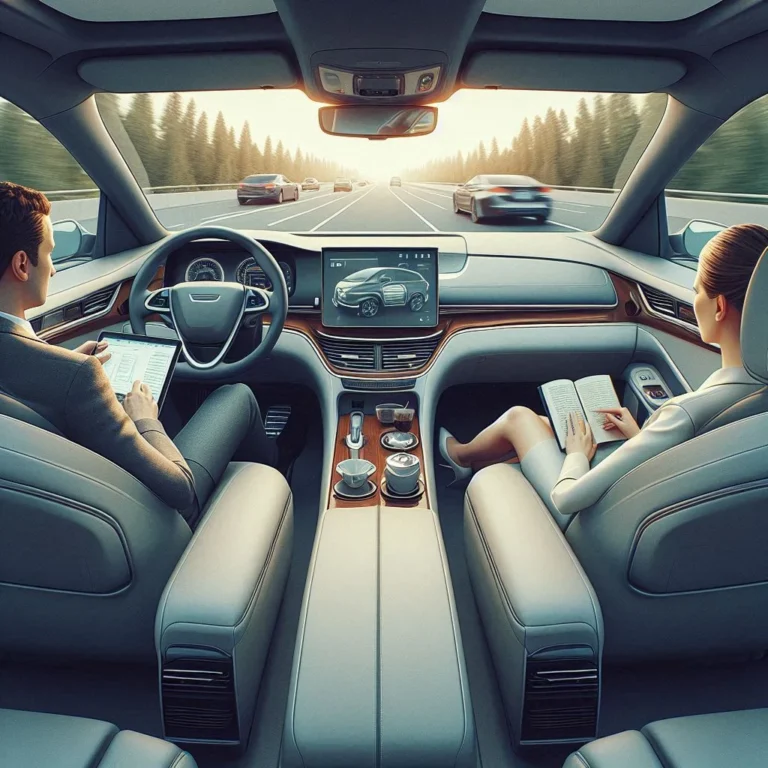 Imagen de dos personas viajando en un automóvil autonomo - Conducción autónoma y vehículos conectados