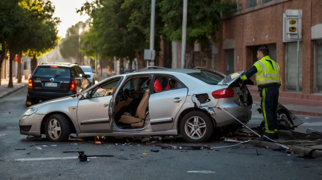 Imagen que ilustra un auto que sufrio un accidente en la calla de una ciudad, presentando roturas - Conducción defensiva para prevenir accidentes