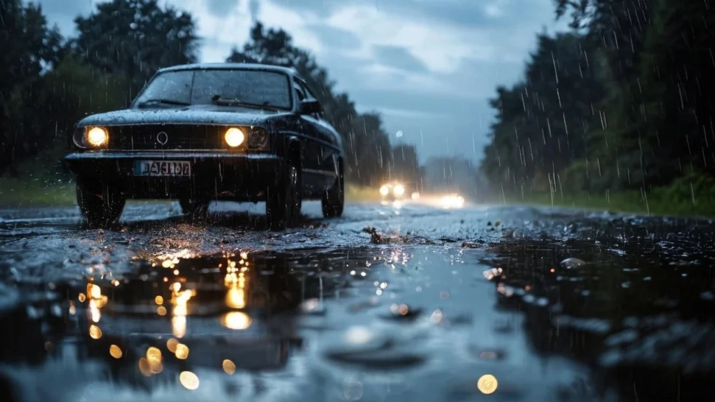 Conducción defensiva para prevenir accidentes - Automóvil en una carretera con lluvia aplicando conducción defensiva