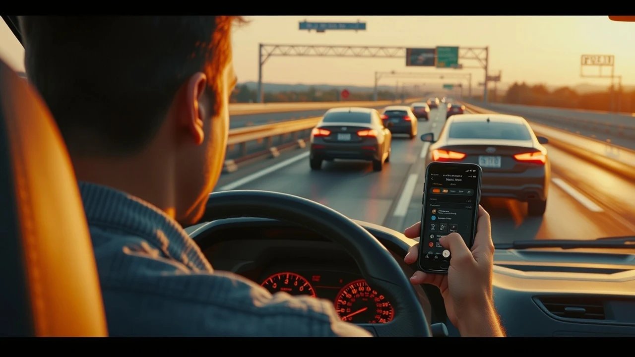 psicologia y normas de transito - Imagen de una persona usando su teléfono celular mientras conduce su automóvil.