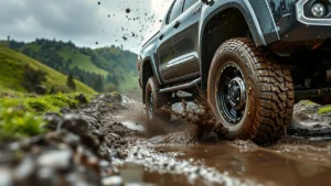 Camioneta todo terreno salpicando barro en un camino rural durante una ruta off-road. Imagen de neumáticos todoterreno en acción, mostrando el rendimiento y resistencia del vehículo en terrenos difíciles - Toyota Hilux vs. Ford Ranger.