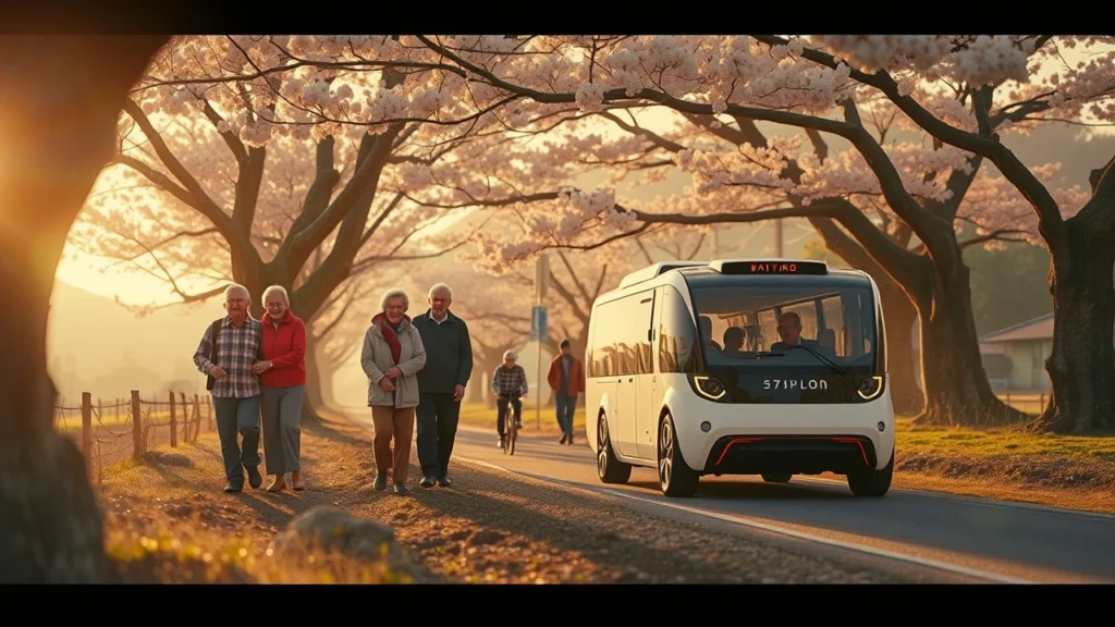 La población envejecida de Japón y su densidad urbana exigen soluciones que combinen eficiencia y sostenibilidad. Imagen reprensentativa, con transporte urbano autonomo, gente adulta caminando iluminados entre arbloes por luz de sol de un tranquilo atardecer.
