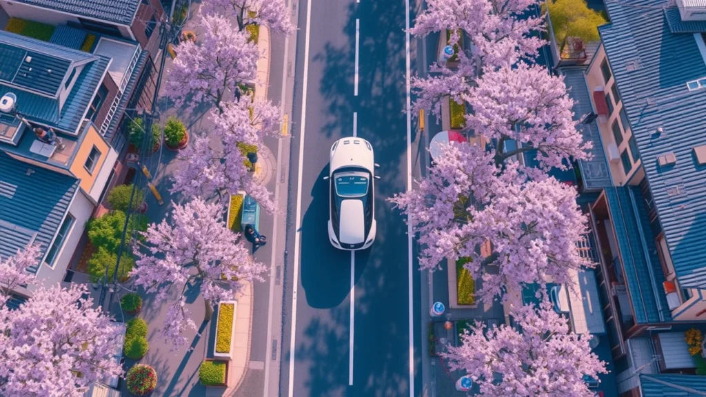 Imagen aerea de un auto autonomo circulando por una calle arbolada de Japón - Sistema de transporte japonés autónomo