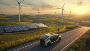 Imagen de un area de cultivos en formaciones geograficas que parecen ser sierras donde se ve un auto de conducción autonoma circulando por un camino, ademas de pantallas solares y molinos de viento que generan electricidad - Tendencias Emergentes y Desafíos en la Movilidad