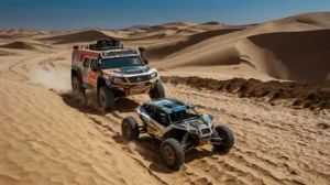 Ilustración de dos automoviles de diferentes categorias compitiendo en el Rally Dakar en medio de dunas de arena en un diasoleado - Energías alternativas en el Rally Dakar 2025