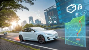 Ilustración de un automóvil eléctrico autónomo en una ciudad moderna y limpia, con imagenes holográficas de mapas digitales y diferentes graficas de carga y conducción - automóviles eléctricos y autónomos 2025.
