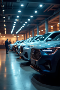 Fila de diferentes modelos de vehículos chinos (BYD, GWM, Changan) de varios colores estacionados en concesionario moderno - vehículos chinos en América Latina