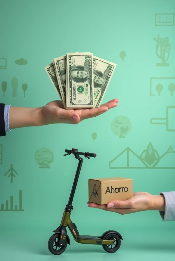 Imagen que simboliza el ahorro del uso de un monopatín eléctrico. Un Fondo verde, una mano con dinero, un monopatín y la palabra ahorro - Los mejores monopatines eléctricos en argentina 2025.
