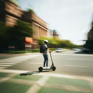 Imagen de una persona en un entorno urbano movilizandose en un monopatin electrico - Los mejores monopatines eléctricos en argentina 2025