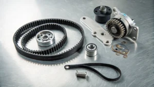 Componentes de un kit de distribución de automóvil, incluyendo una correa dentada, varias poleas, rodamientos y un tensor, organizados de forma ordenada sobre una mesa de metal cepillado - la correa de distribución