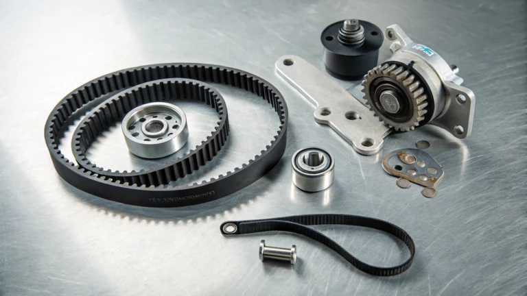 Componentes de un kit de distribución de automóvil, incluyendo una correa dentada, varias poleas, rodamientos y un tensor, organizados de forma ordenada sobre una mesa de metal cepillado - la correa de distribución