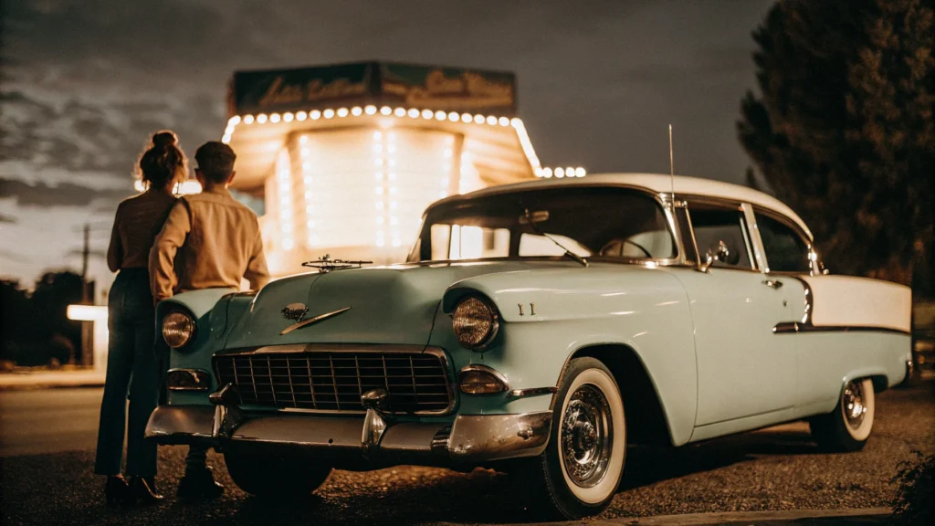 Chevrolet Bel Air de 1955 turquesa, uno de los autos emblemáticos de la década de 1950, en una escena de cine drive-in.