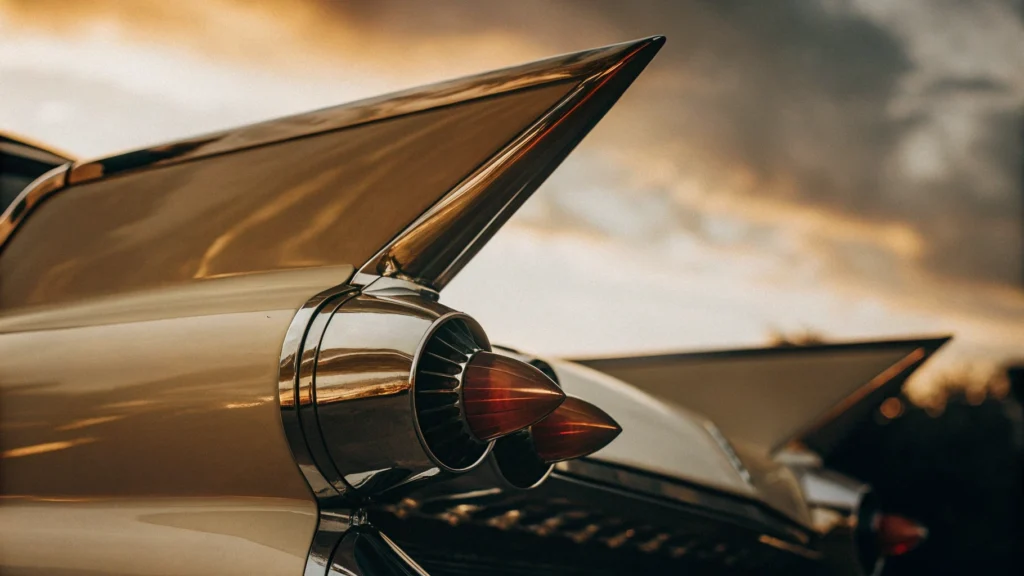 Detalle de la icónica aleta trasera de un Cadillac Eldorado, símbolo del diseño extravagante en los autos de los años 50.