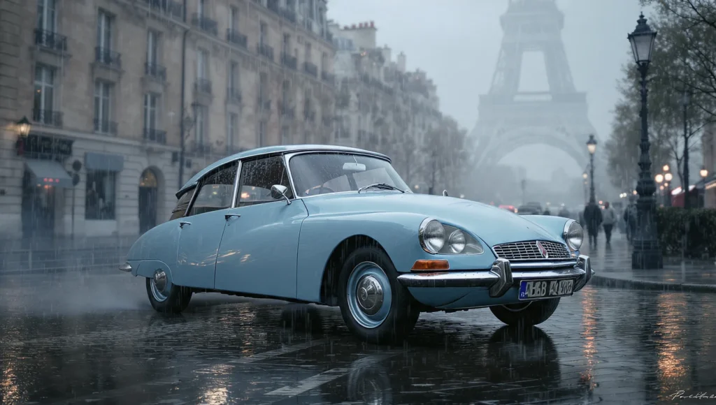 El revolucionario Citroën DS, conocido como "Tiburón", mostrando su diseño futurista en una calle de París, un ícono de los años 50.