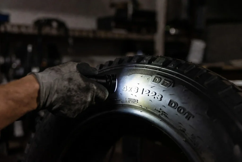 Mano apuntando con linterna al código DOT (fecha de fabricación) en el lateral de un neumático.
