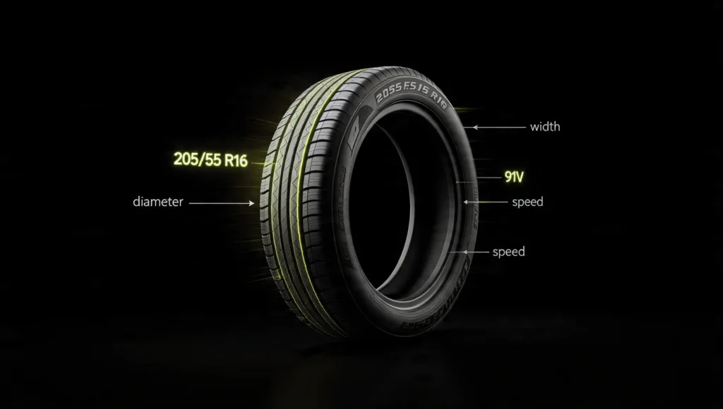 Infografía simple que explica el significado de los códigos y medidas en el lateral de un neumático (205/55 R16).