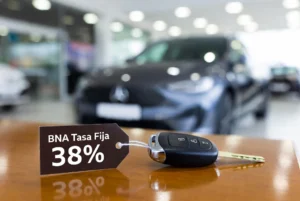 Llave de auto con una etiqueta que muestra la tasa fija del 38% de los créditos Banco Nación para autos.