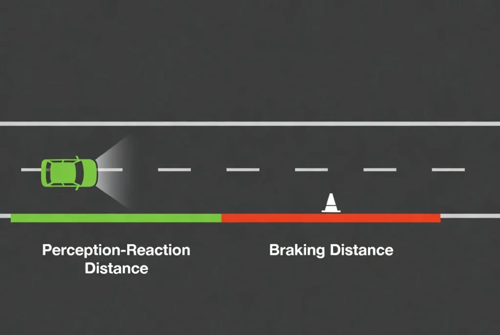 Infografía que explica la distancia total de detención, dividida en la distancia de reacción (tiempo de respuesta del conductor) y la distancia de frenado (física).