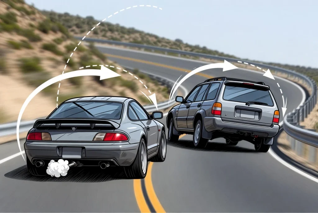 Caricatura que muestra el peligro del centro de gravedad alto en una SUV, ilustrando cómo la fuerza centrífuga en una curva cerrada puede provocar un vuelco.