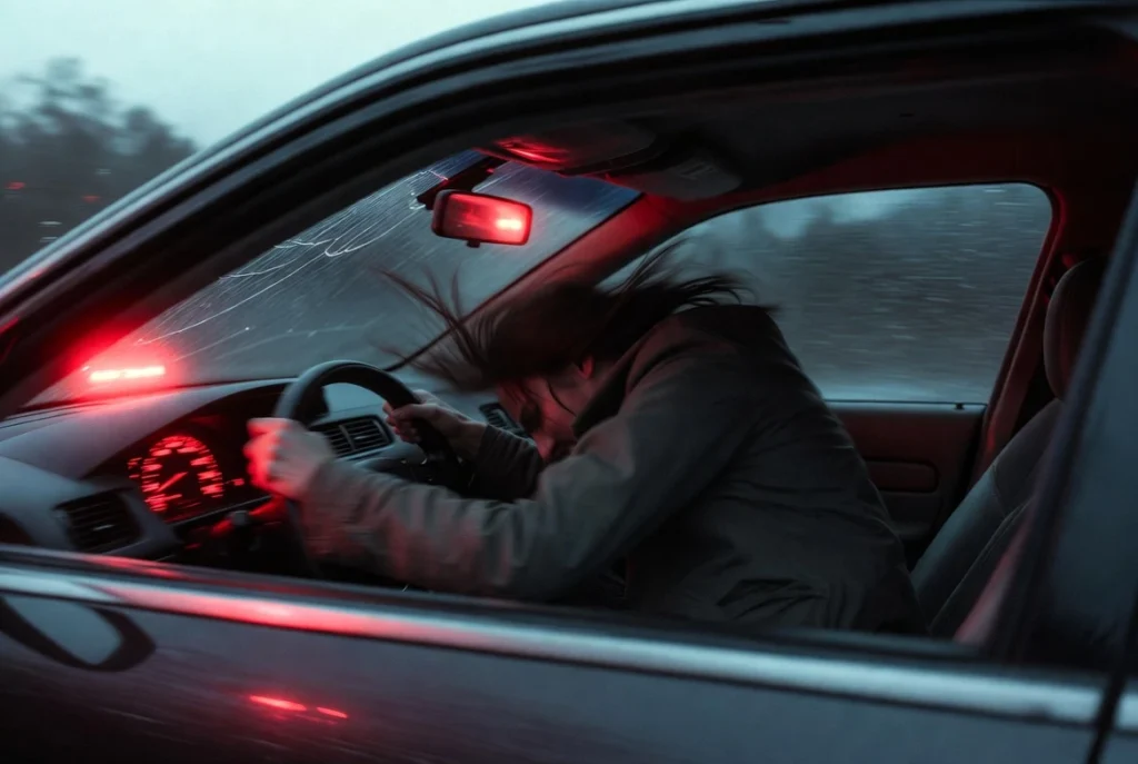 Ilustración de la inercia en la conducción: conductor detenido por el cinturón de seguridad durante una frenada de pánico, enfatizando la fuerza que obliga al cuerpo a seguir en movimiento.