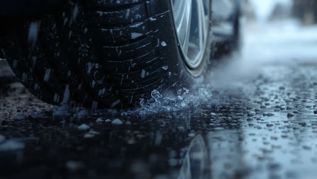 Foto macro fotorrealista de un neumático en contacto con asfalto mojado, mostrando cómo la fricción y el agarre son limitados por la capa de agua.