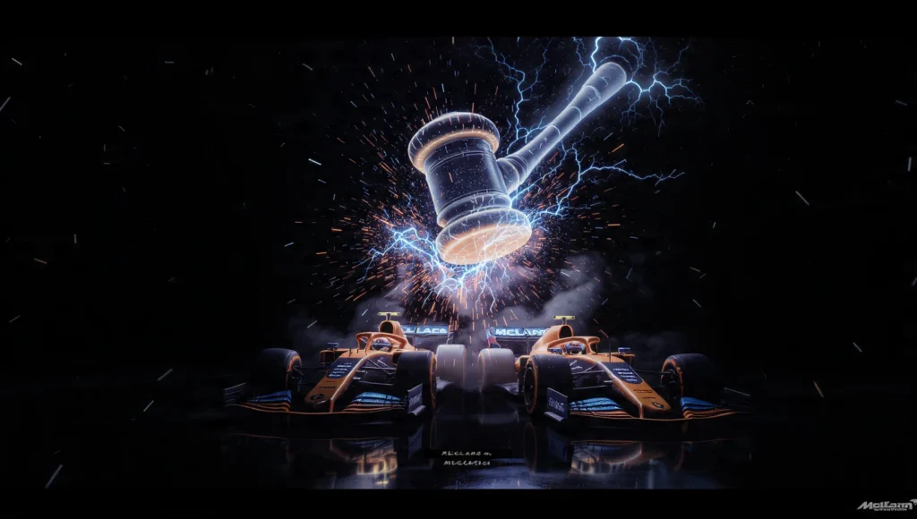 Representación conceptual de la descalificación de McLaren en el GP de Las Vegas 2025, ilustrando la pérdida de puntos de Norris y Piastri.