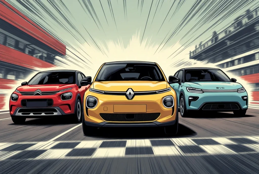 El nuevo Renault Twingo eléctrico compitiendo contra sus rivales directos, el Citroën ë-C3 y el BYD Dolphin Mini.
