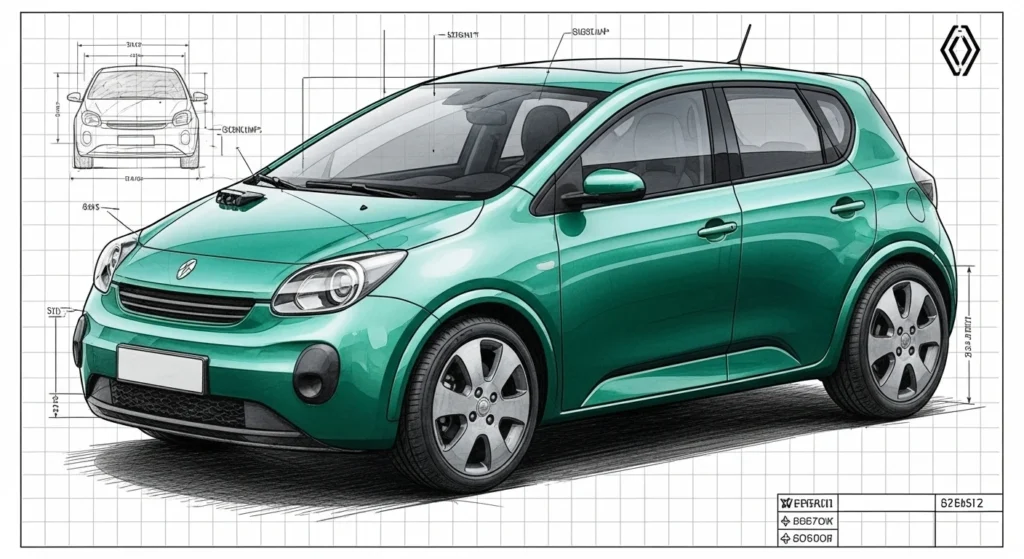 Esquema del desarrollo del nuevo Twingo eléctrico por Renault Ampere, destacando la colaboración china y el desarrollo en 2 años.