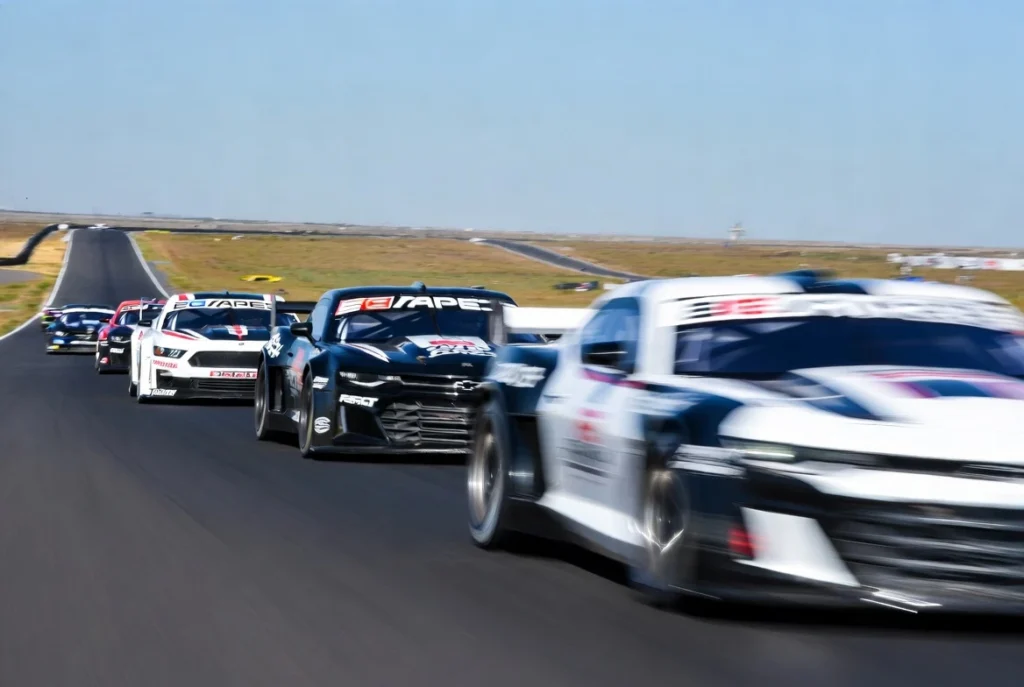 tc-en-toay-2025-03 Pelotón de autos de Turismo Carretera de nueva generación corriendo a alta velocidad en la recta principal durante el TC en Toay 2025, La Pampa.