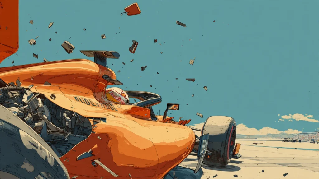 McLaren vs Red Bull F1 2025-03 Alerón trasero de McLaren agrietado. Simboliza la infracción técnica de Las Vegas y el costo de la inconsistencia en F1 2025.