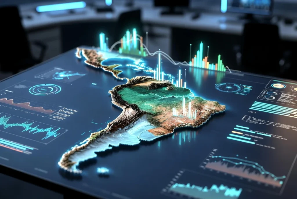 Mapa 3D de Sudamérica con gráficos holográficos mostrando la estabilización de ventas y producción automotriz en Argentina y Brasil para 2026. - Análisis 2026 del mercado automotor