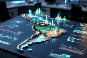 Mapa 3D de Sudamérica con gráficos holográficos mostrando la estabilización de ventas y producción automotriz en Argentina y Brasil para 2026.