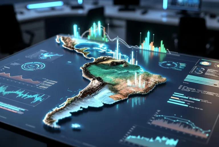 Mapa 3D de Sudamérica con gráficos holográficos mostrando la estabilización de ventas y producción automotriz en Argentina y Brasil para 2026.