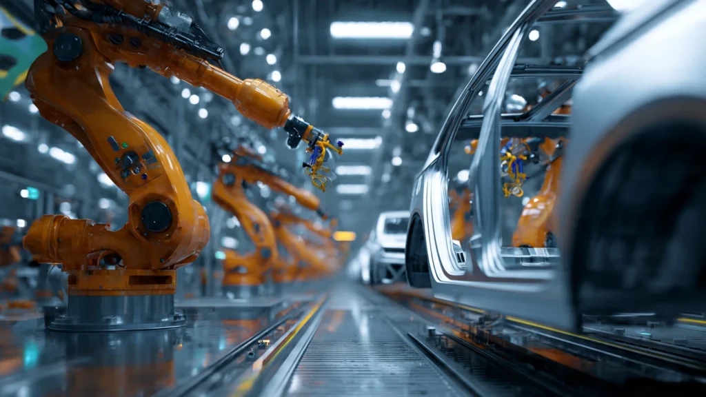 Línea de ensamblaje robotizada en una fábrica automotriz en Brasil produciendo SUVs eléctricos de marcas chinas con tecnología avanzada.