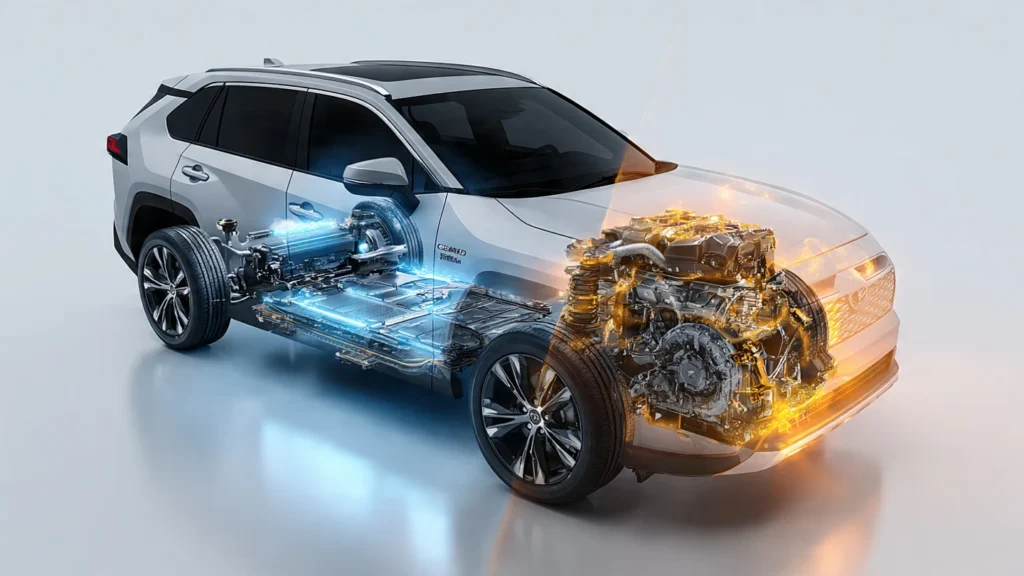 Comparativa técnica corte transversal de motor híbrido (HEV) versus motor eléctrico puro (BEV) mostrando componentes internos.