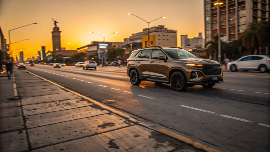 SUV mediano circulando por una ciudad latinoamericana al atardecer, destacando diseño robusto y despeje del suelo.