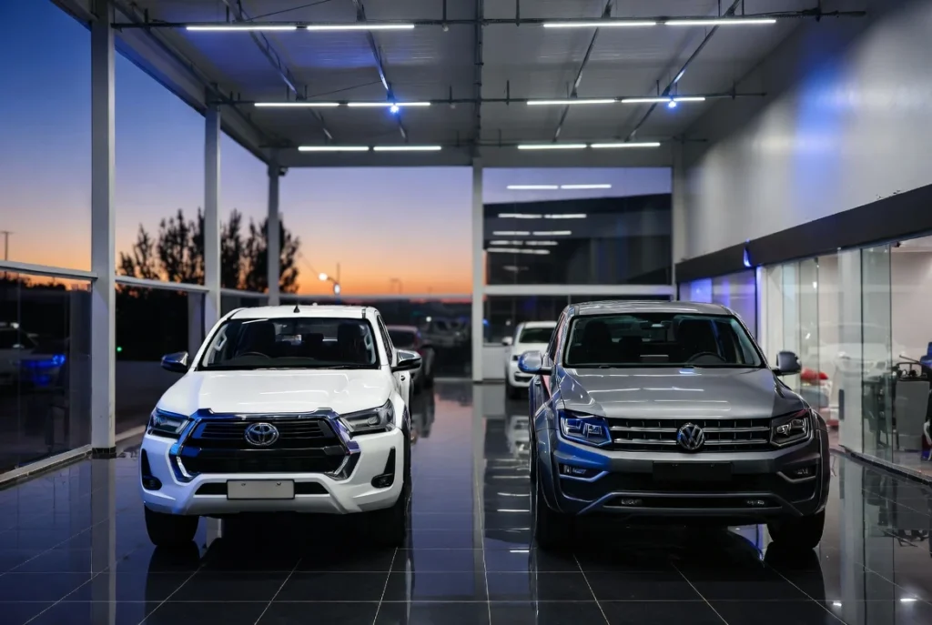 Balance Automotor Argentino 2025 - Comparativa visual de los líderes de ventas en Argentina 2025: Toyota Hilux y Volkswagen Amarok en concesionaria.