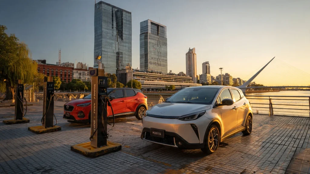 Balance Automotor Argentino 2025 - Autos eléctricos BYD e híbridos Toyota cargando en estación de servicio de Buenos Aires, Argentina.