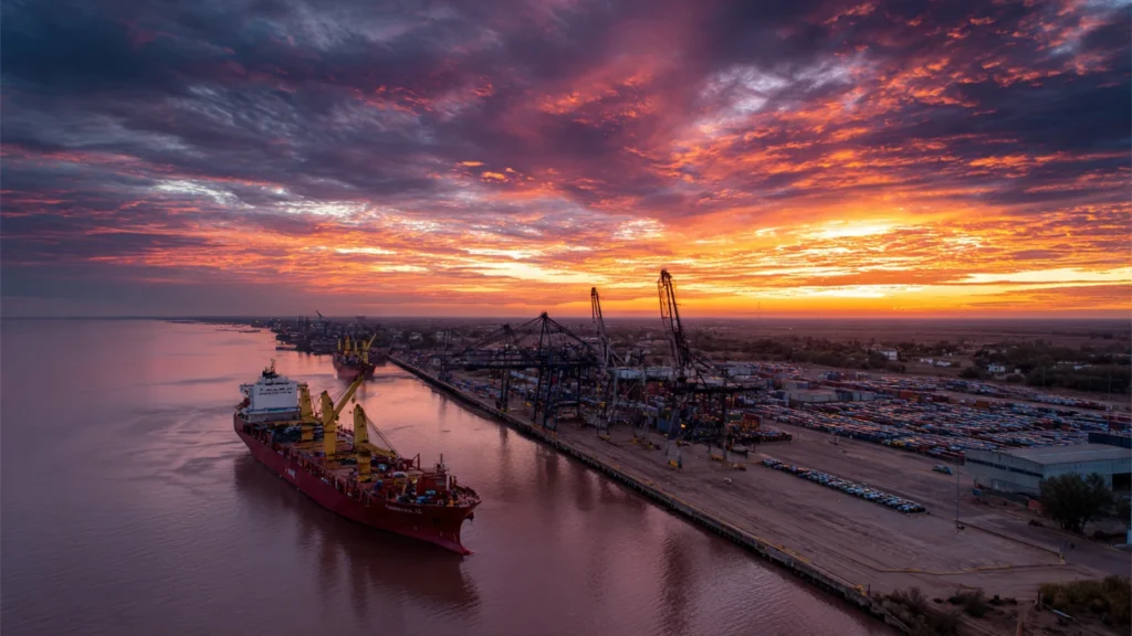 Buque de transporte exportando pick-ups de fabricación argentina desde el Puerto de Zárate.