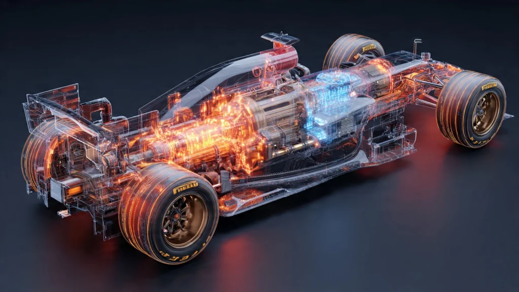 Ilustración técnica del motor F1 2026 mostrando la división de potencia 50/50 entre el motor de combustión y el sistema eléctrico.