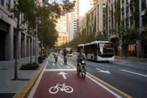 Calle urbana moderna en Latinoamérica con infraestructura para bicicletas eléctricas y transporte público eficiente, mostrando tendencias de movilidad 2026.