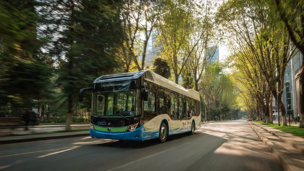 Autobús eléctrico de cero emisiones circulando en una ciudad latinoamericana, ejemplo de modernización de flotas de transporte público.