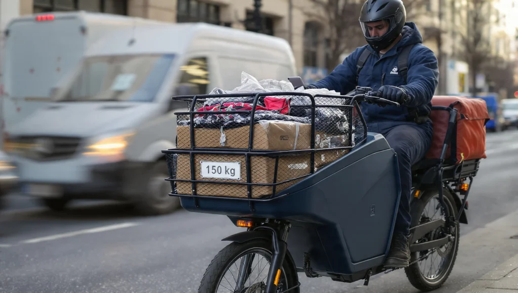 Bicicleta de carga eléctrica con alta capacidad de carga útil para logística urbana eficiente, alternativa a furgonetas de reparto.
