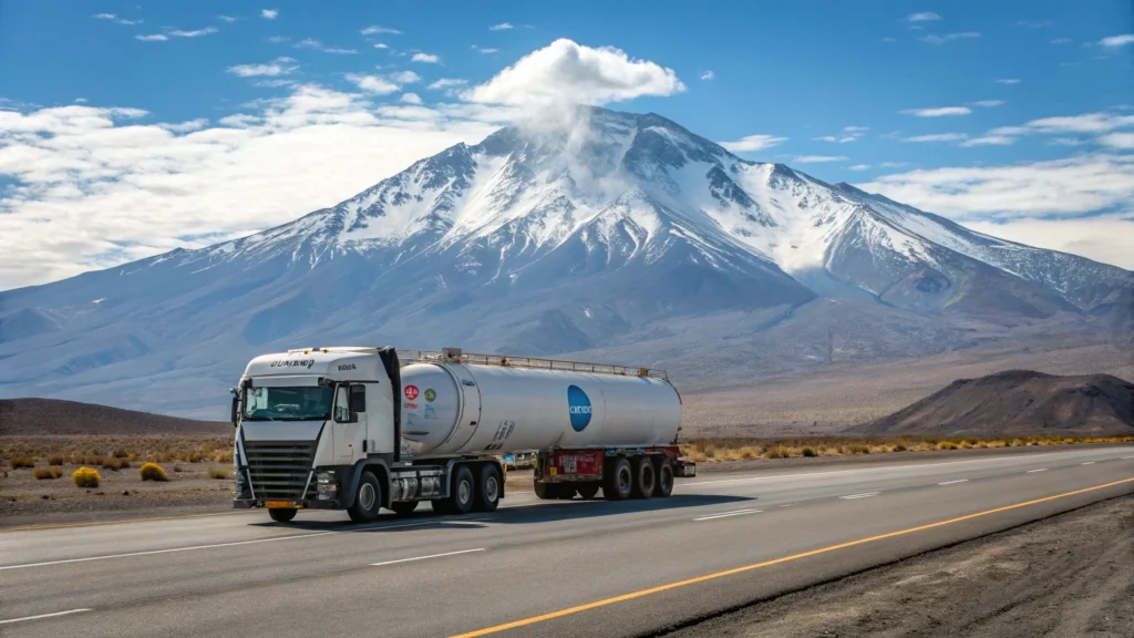 Camión de transporte pesado impulsado por hidrógeno verde circulando en ruta, tecnología de celda de combustible para largas distancias.