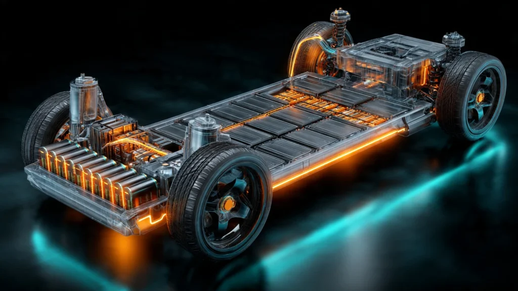 Esquema técnico de la plataforma Neue Klasse de BMW mostrando arquitectura de 800 voltios y celdas de batería cilíndricas.